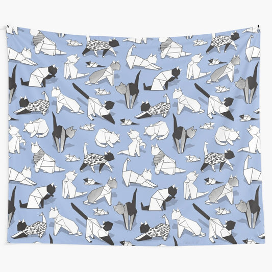 Origami kittens friends wall tapestry with blue and lavender paper cats design