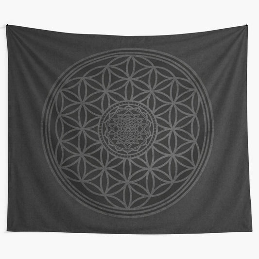 Sacred geometry tapestry featuring Hindu deities and mandala design