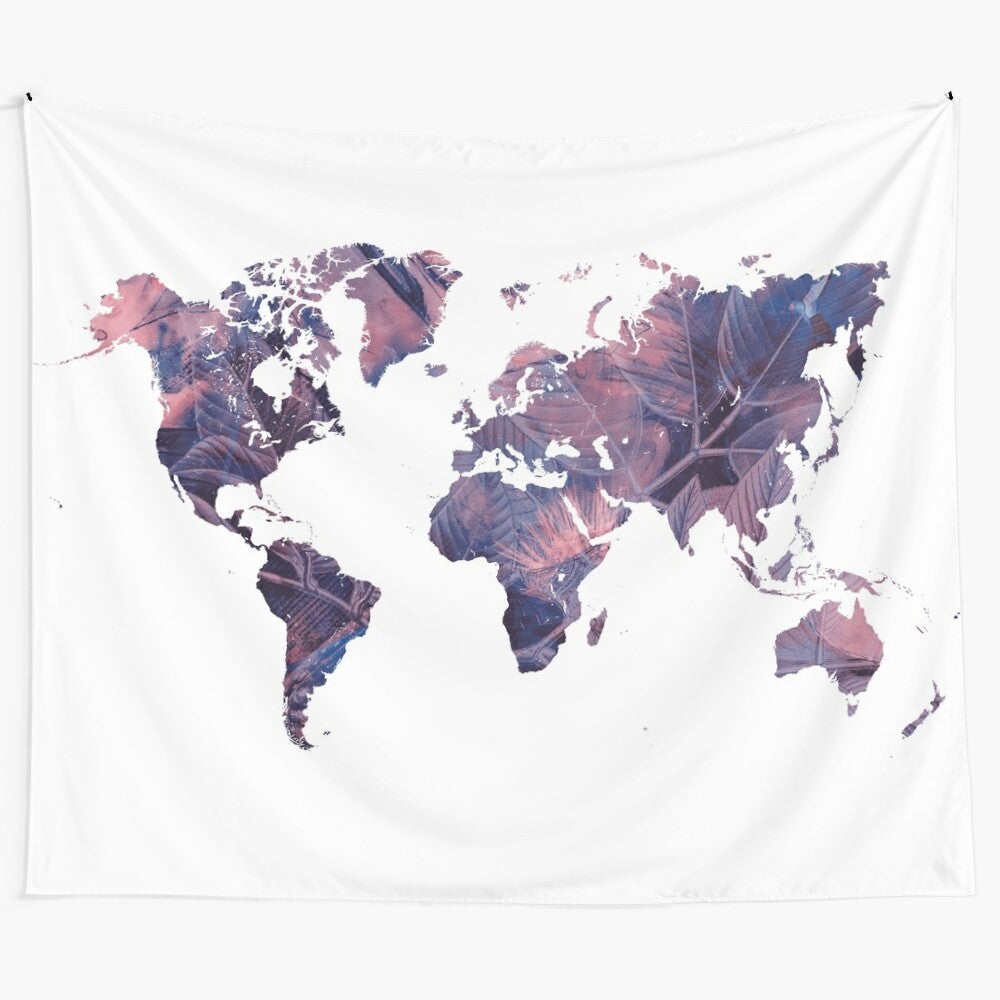 Colorful world map tapestry featuring a detailed cartography design