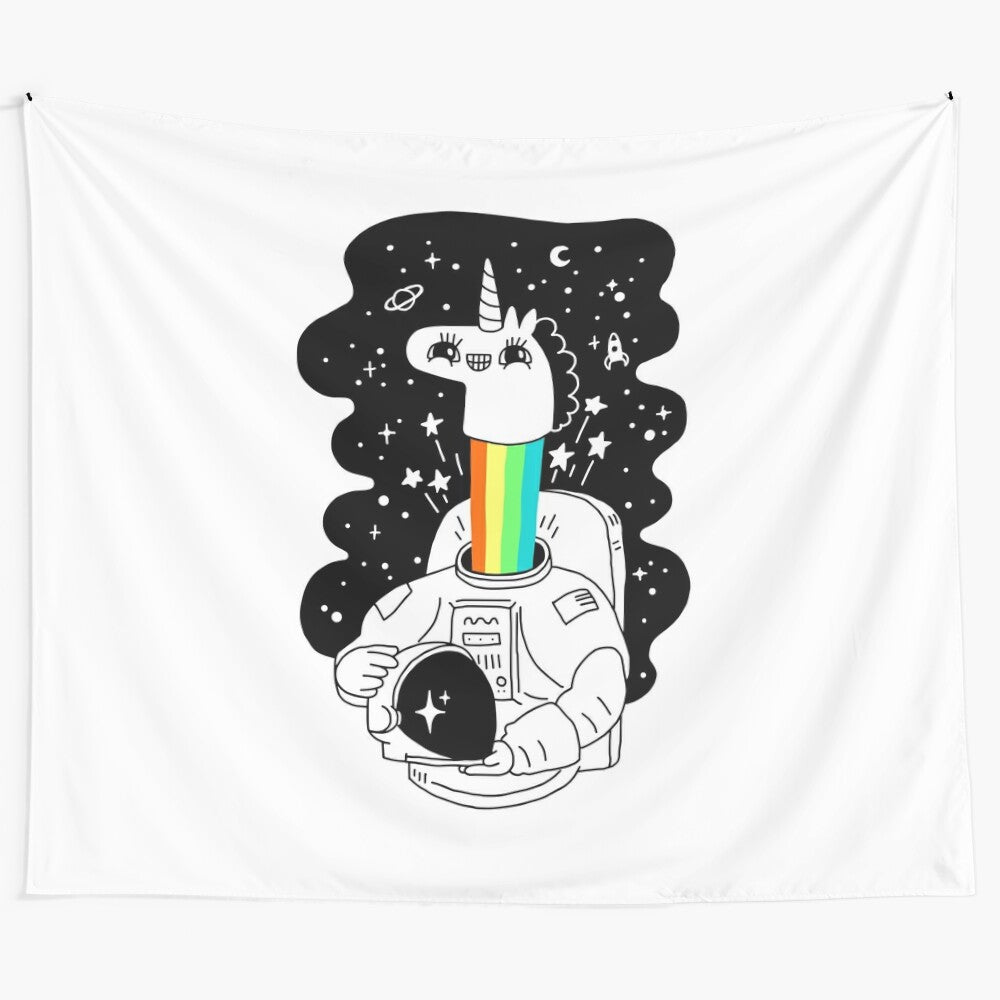 Colorful tapestry featuring a unicorn in a starry, cosmic space setting