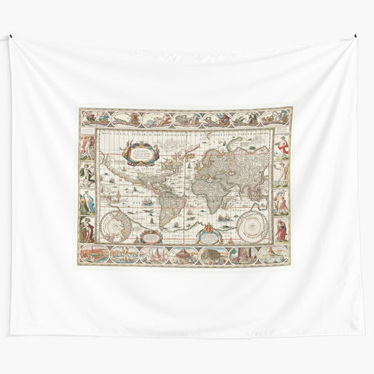 Vintage-inspired world map tapestry with a classic, antique style