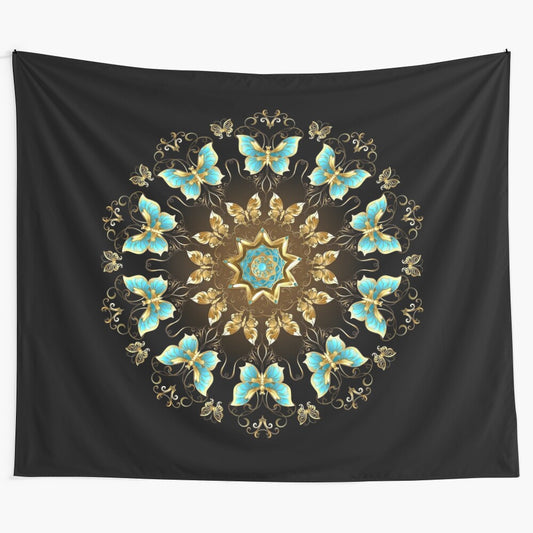 Vibrant tapestry featuring a mandala design with golden butterflies on a black background