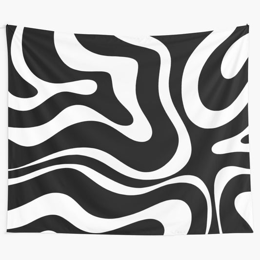 Retro modern abstract tapestry with liquid swirl pattern in black and white