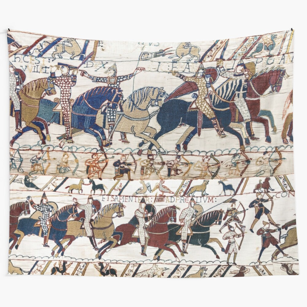 Detailed replica of the Bayeux Tapestry depicting medieval Norman knights and archers in battle