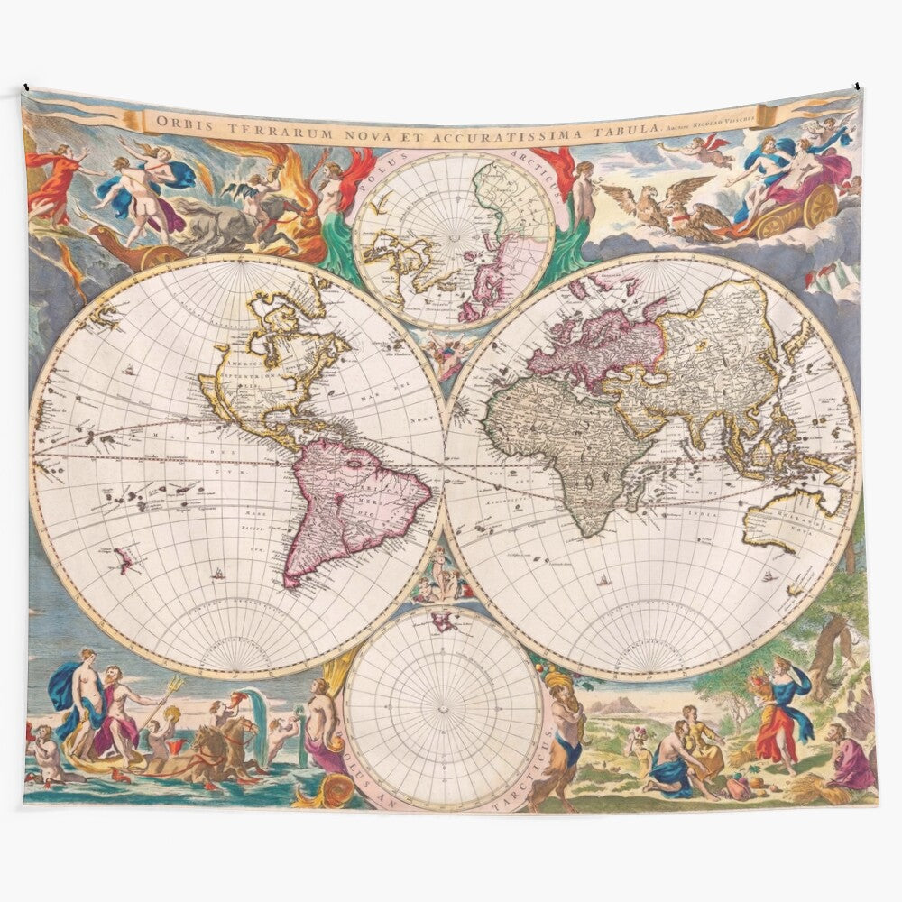 Vintage world map tapestry with engraved design and mythological border illustrations