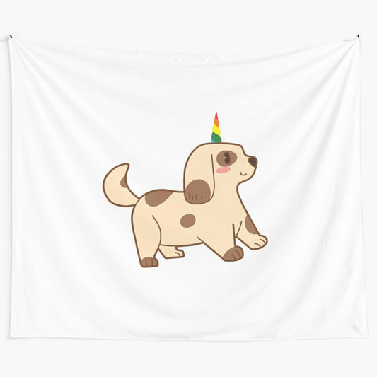 Plush unicorn puppy design on a decorative tapestry for magical home decor