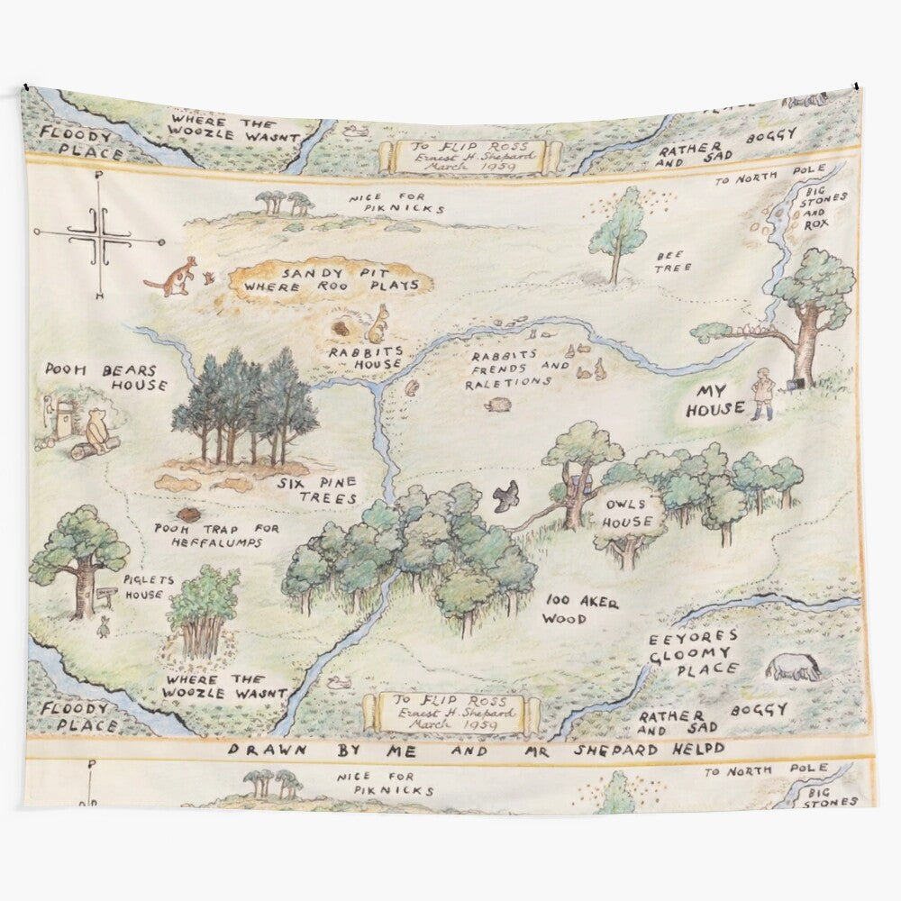 Hundred Acre Wood map tapestry with Alice in Wonderland inspired characters and elements