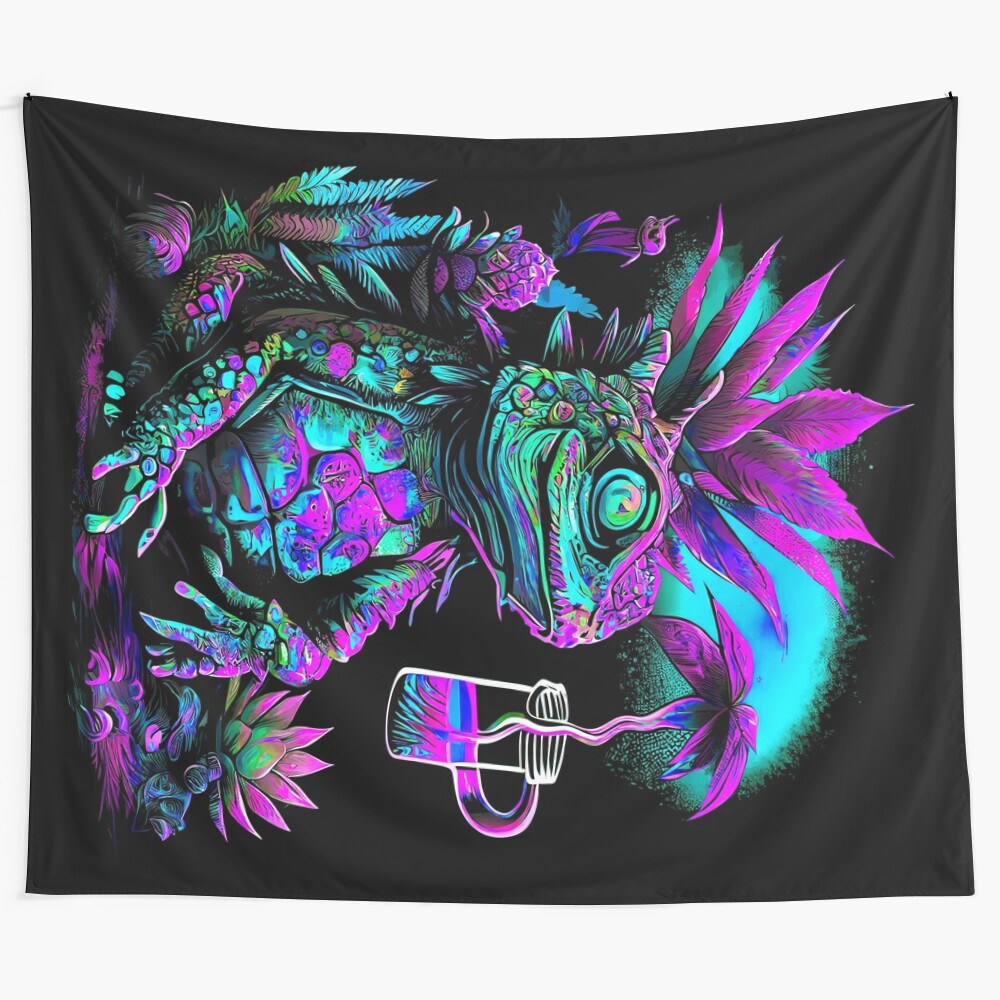 Colorful and trippy frog portrait tapestry with psychedelic and mandala design