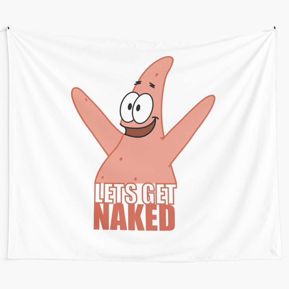 Colorful tapestry featuring a starfish-like character with the text "Let's Get Naked!"