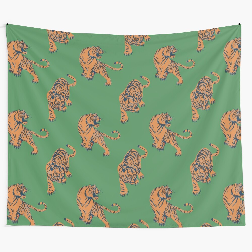 Vibrant tiger print green tapestry with boho-inspired tribal design