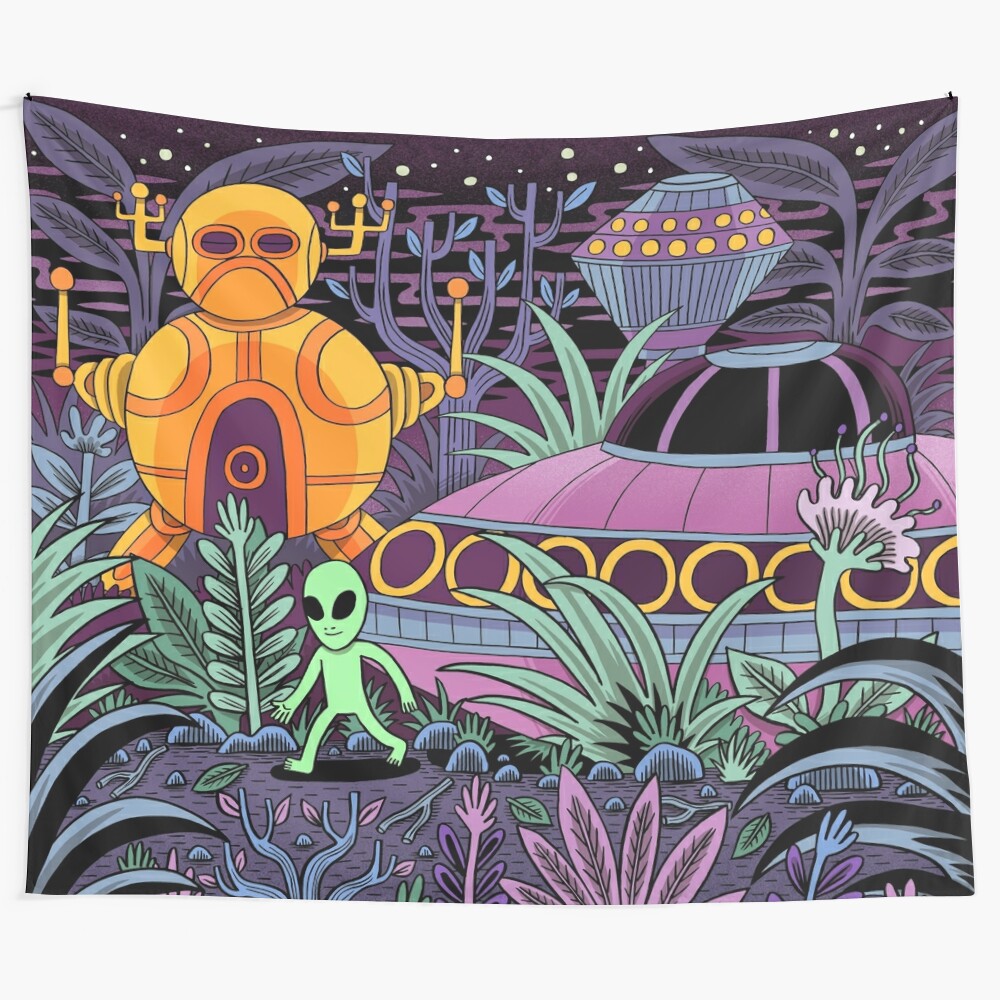 Tapestry depicting a UFO landing in a cosmic landscape with stars, planets, and alien elements