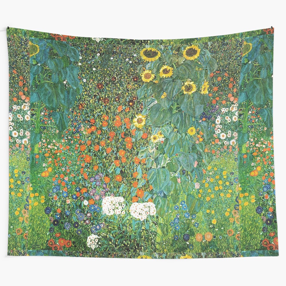 Tapestry depicting a country garden scene with sunflowers, inspired by the art of Gustav Klimt