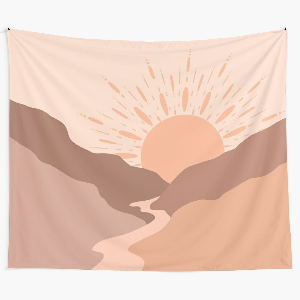 Boho sunset inspired tapestry with mountain landscape design