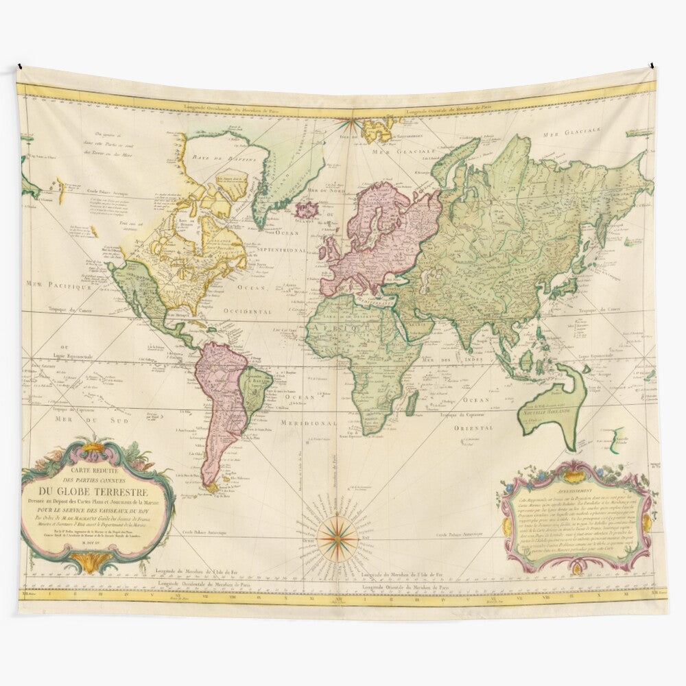 Vintage-style map of the world tapestry featuring historical cartography