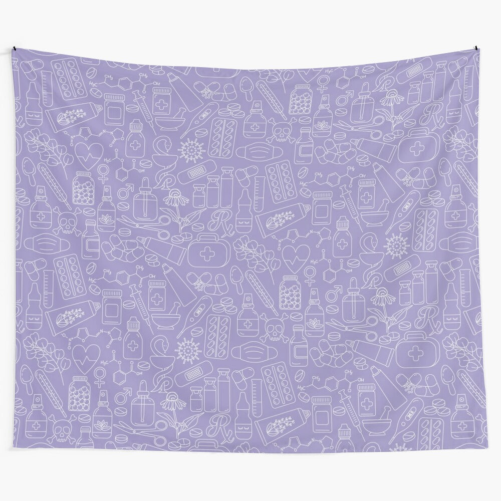 Purple-patterned tapestry featuring pharmacy-related symbols and objects