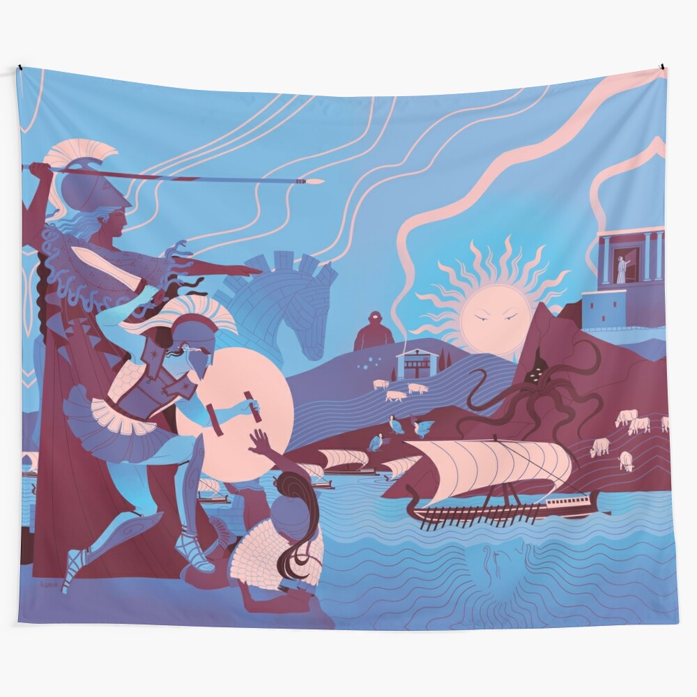 Greek mythology inspired winter landscape tapestry featuring characters from the Iliad and Odyssey