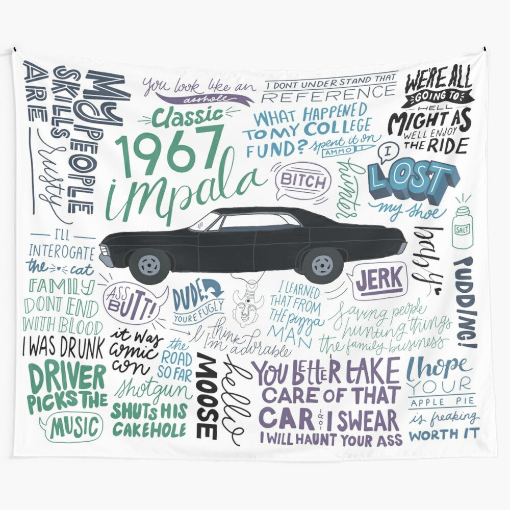 Supernatural-themed tapestry featuring the Winchester brothers and their iconic Impala car