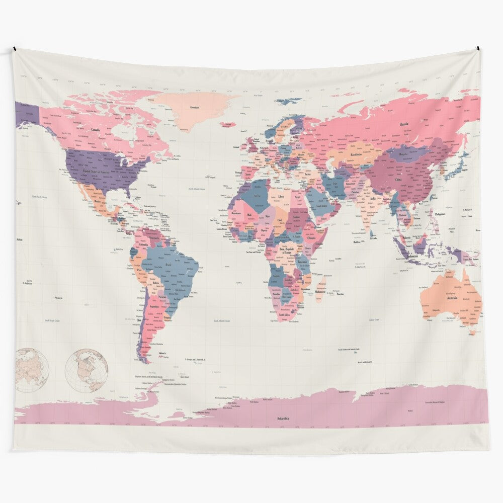 Political map of the world tapestry featuring detailed cartography