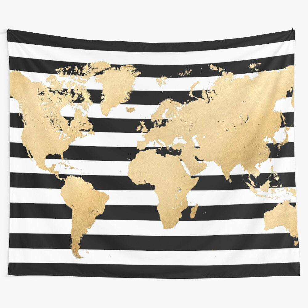 Striking gold world map design on a black and white striped tapestry