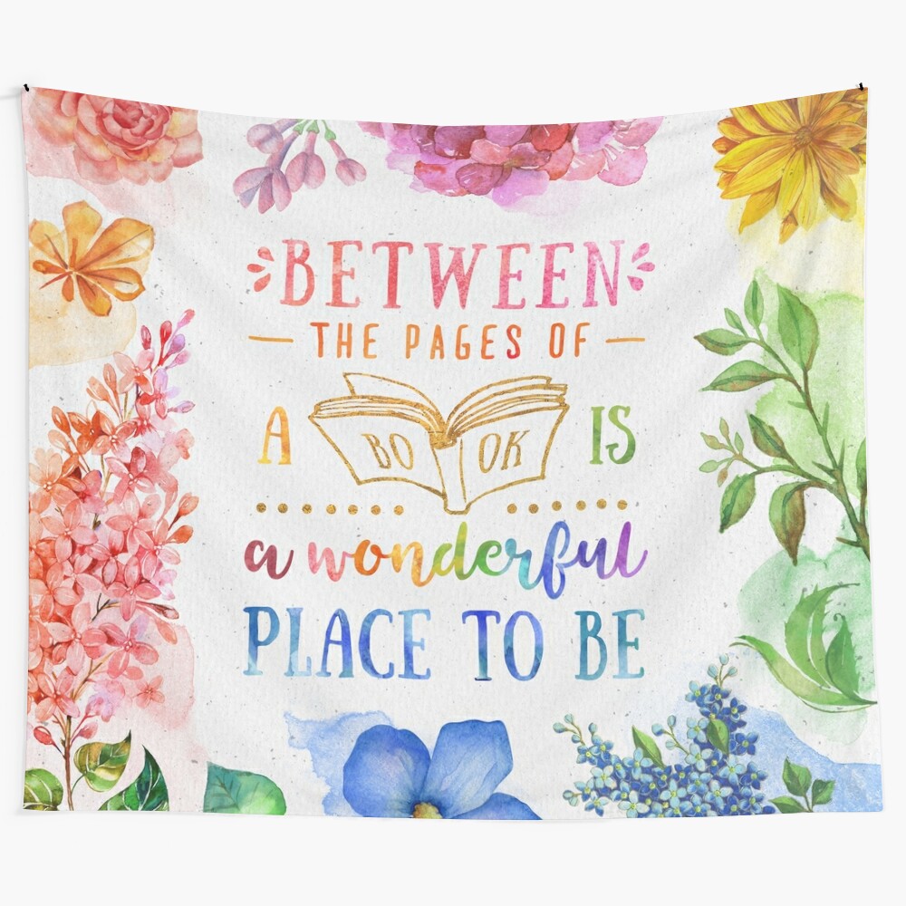 Colorful watercolor floral tapestry with book lover design and literary quotes