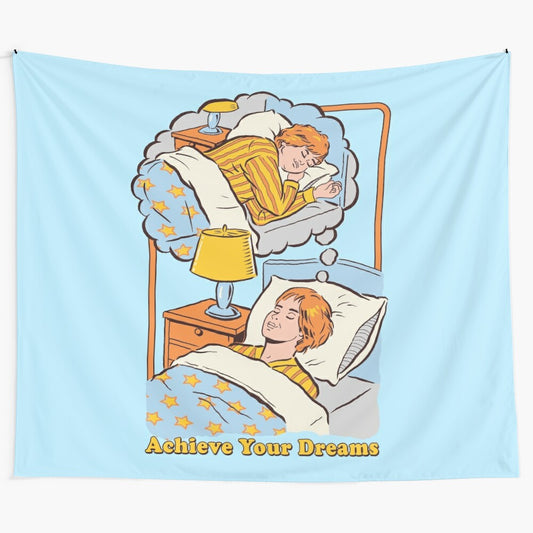 Vintage-style tapestry featuring a person napping, with the text "Achieve Your Dreams"