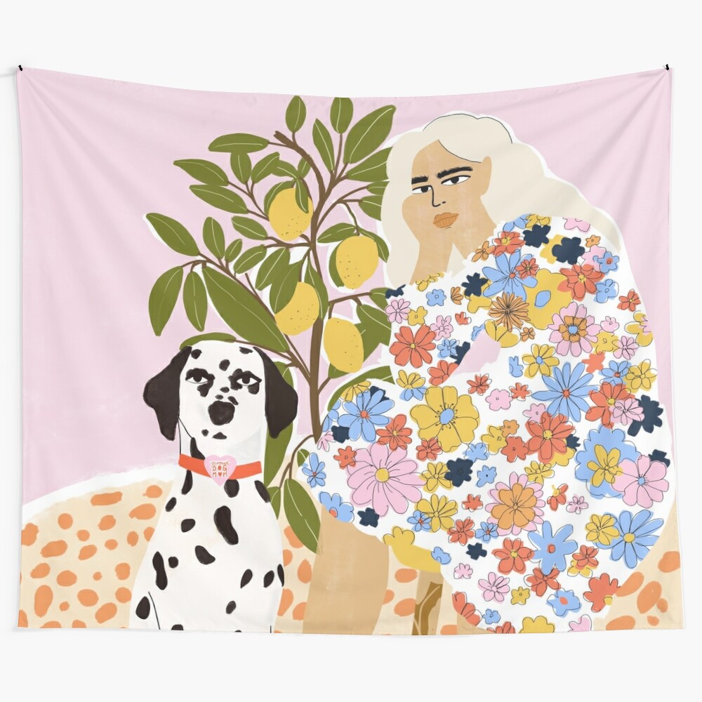 Whimsical tapestry featuring a lady and her dalmatian dog in a botanical, floral pattern