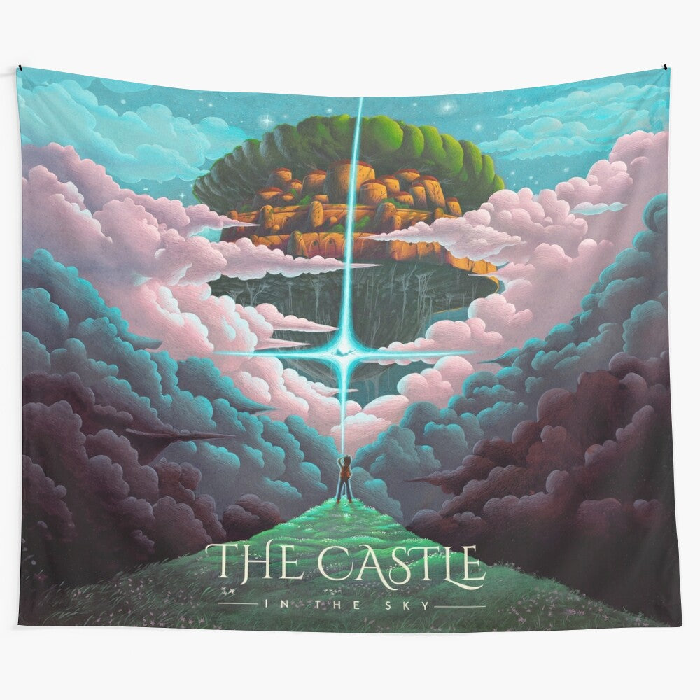 A stunning tapestry depicting a whimsical castle floating among the clouds, inspired by the beloved anime film "Castle in the Sky" by Studio Ghibli.