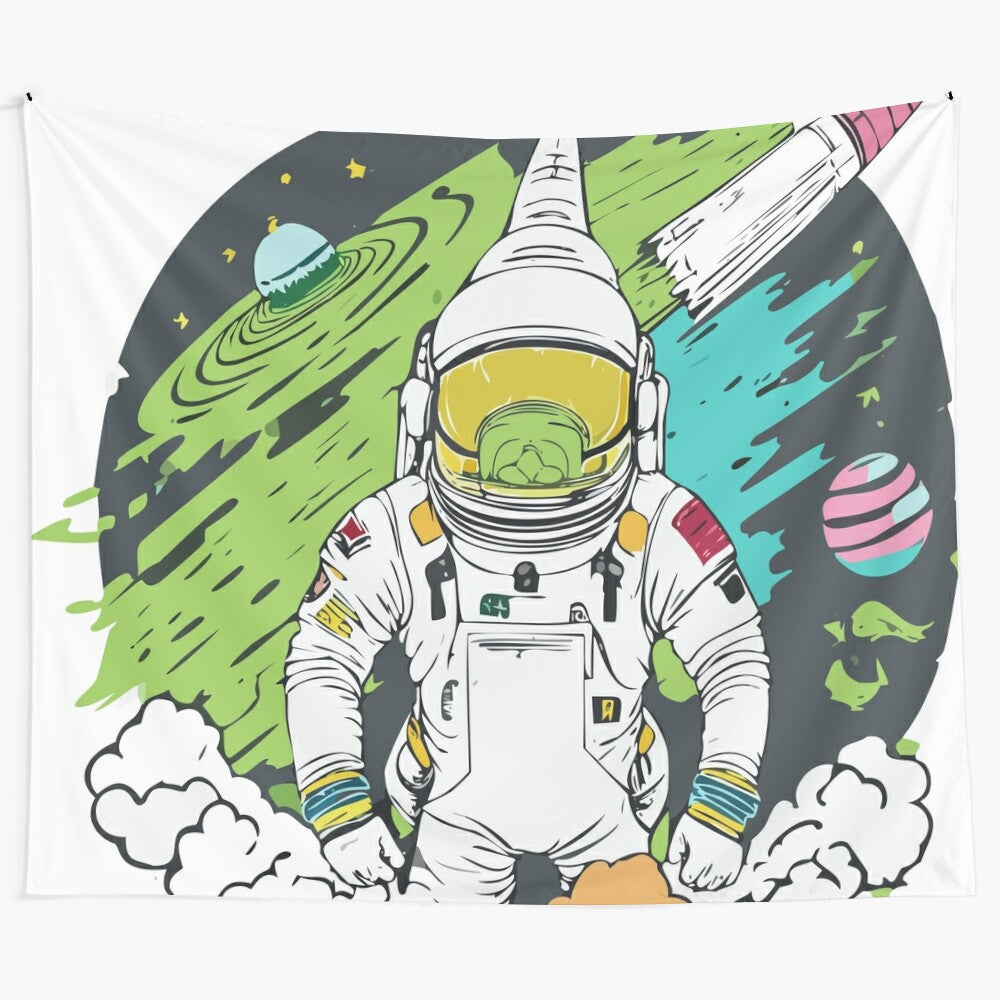 Retro astronaut tapestry featuring a colorful galaxy, stars, and cosmic elements