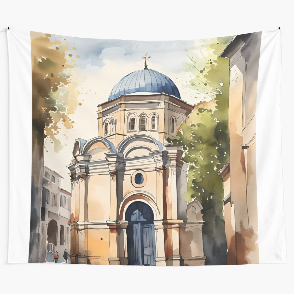 Watercolor painting of an old church in Constantinople, featured in a tapestry wall hanging