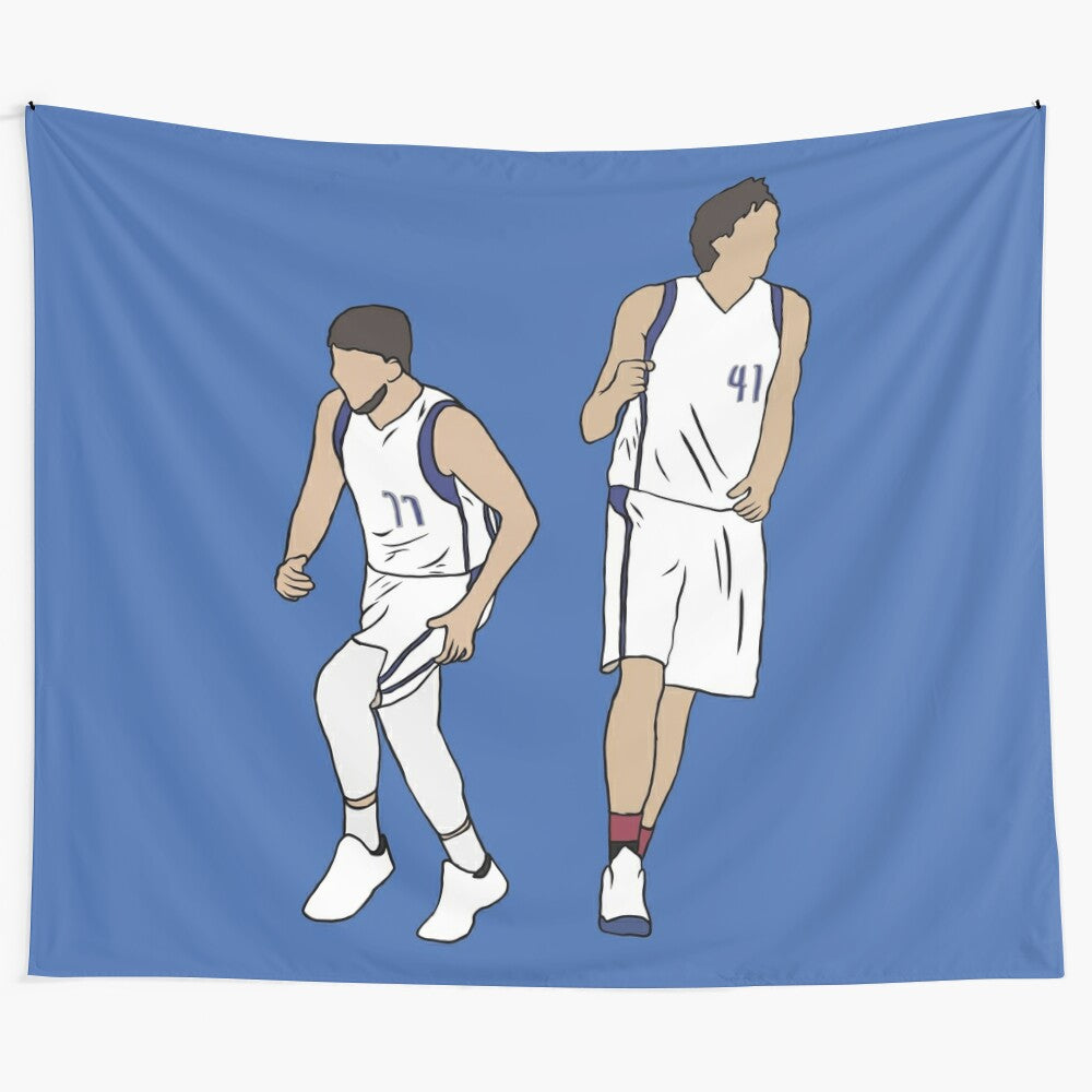 Luka Doncic and Dirk Nowitzki tapestry, featuring two of the greatest NBA players of all time