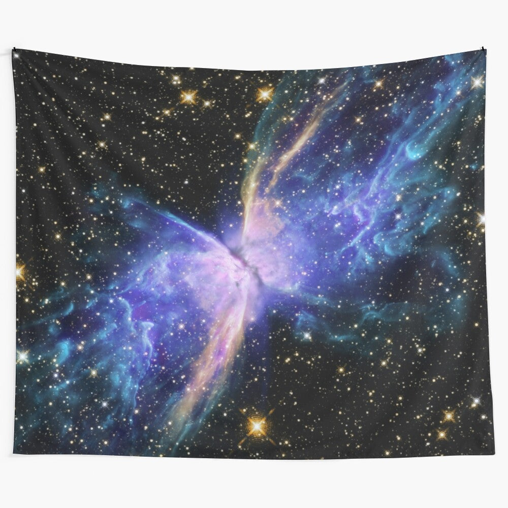 Stunning nebula and butterfly galaxy artwork on a tapestry wall hanging