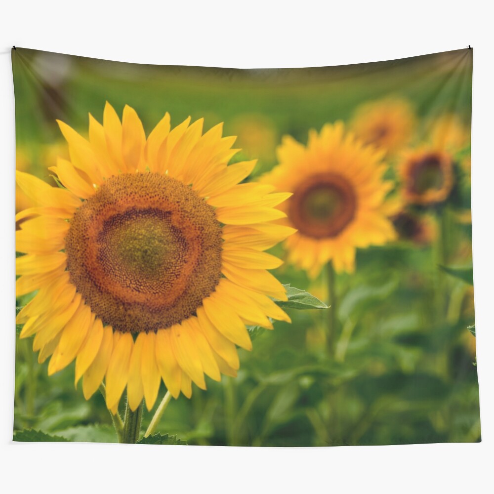 Colorful sunflower tapestry wall hanging with a close-up photograph of a sunflower field