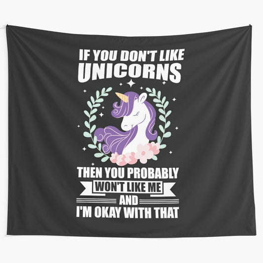 Whimagical unicorn tapestry with colorful, magical unicorn and funny quotes