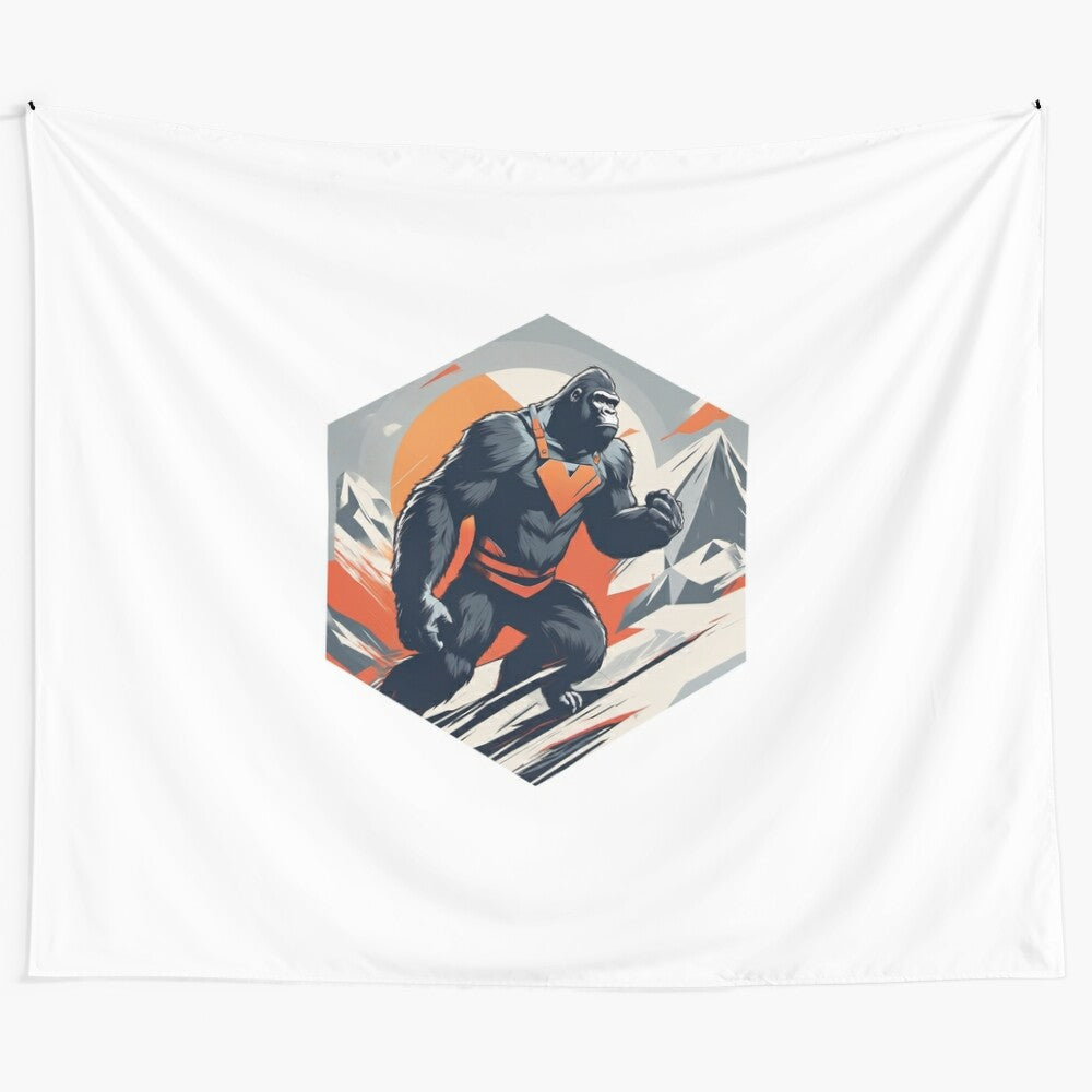 Minimalist tapestry featuring a heroic gorilla superhero in an outdoor landscape