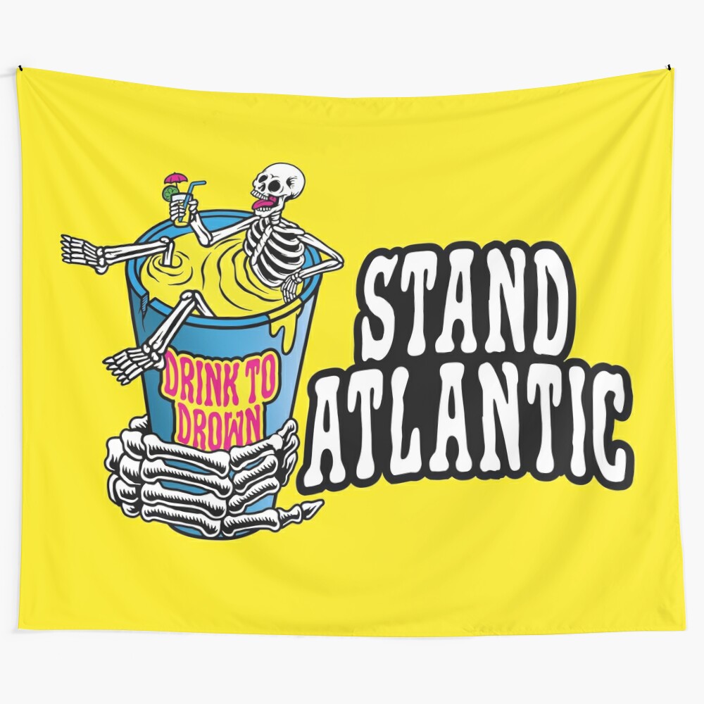 Stand Atlantic inspired Drink To Drown tapestry featuring a skeleton hand design and lavender bones illustration