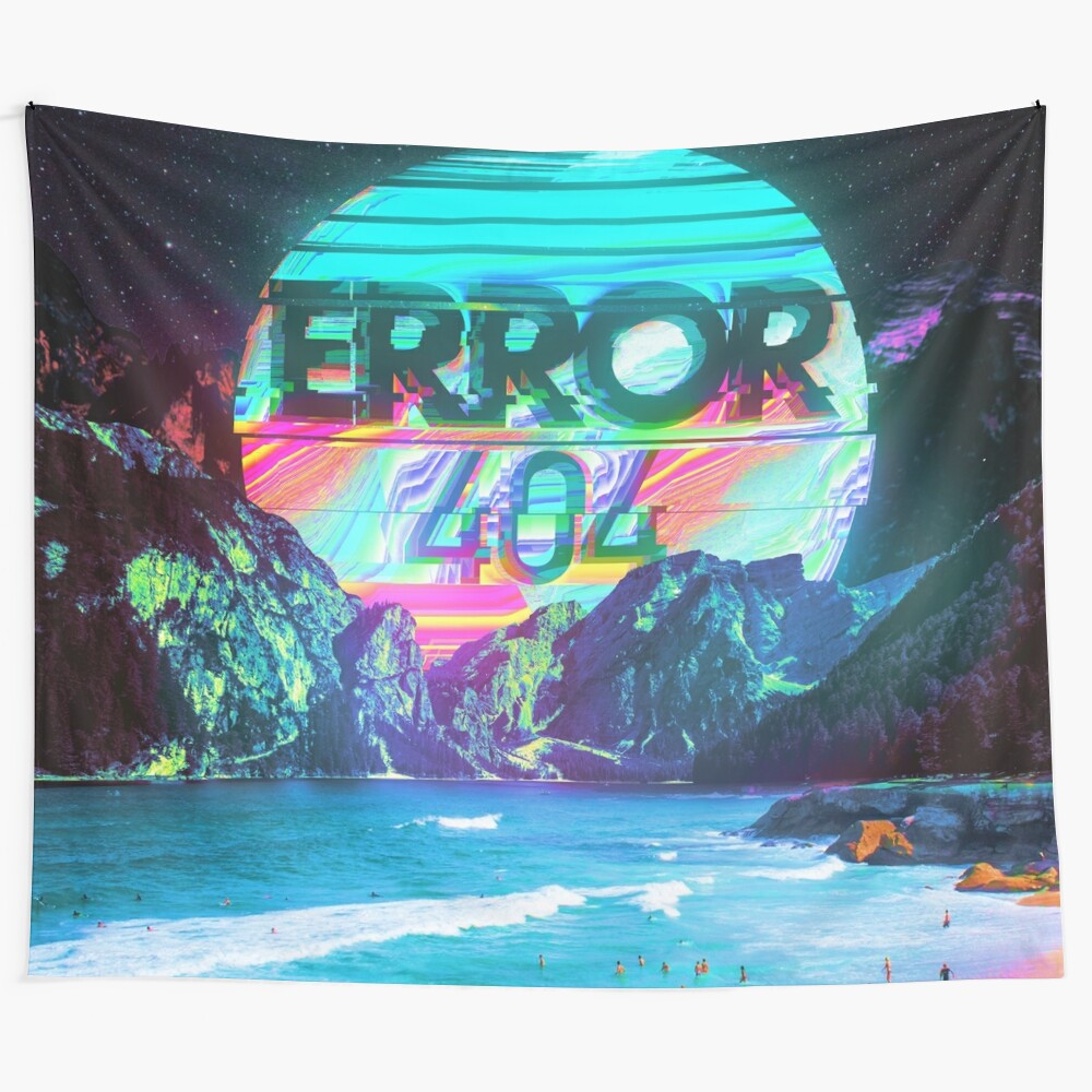 Surreal 404 error tapestry with collage of nature, space, and computer elements