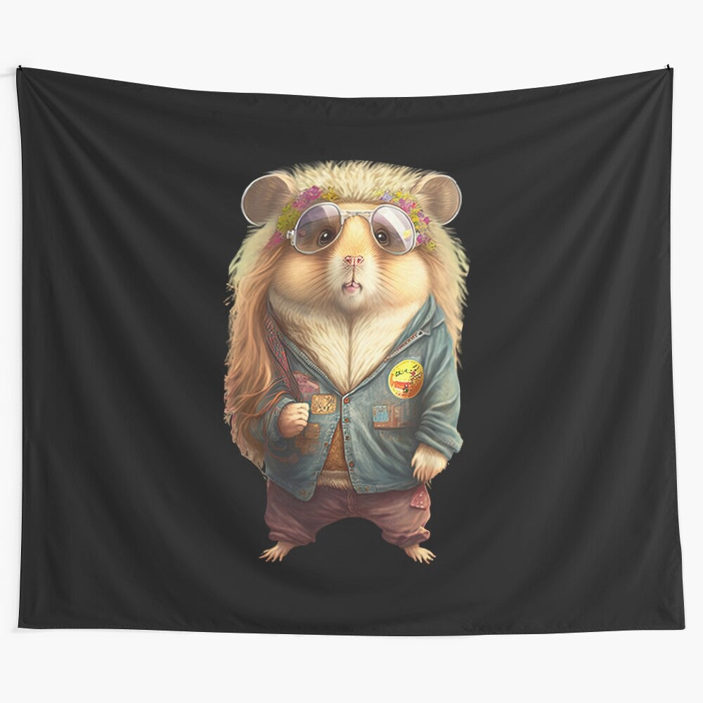 Colorful tapestry featuring a cute hippie hamster in sunglasses surrounded by flowers and peace symbols