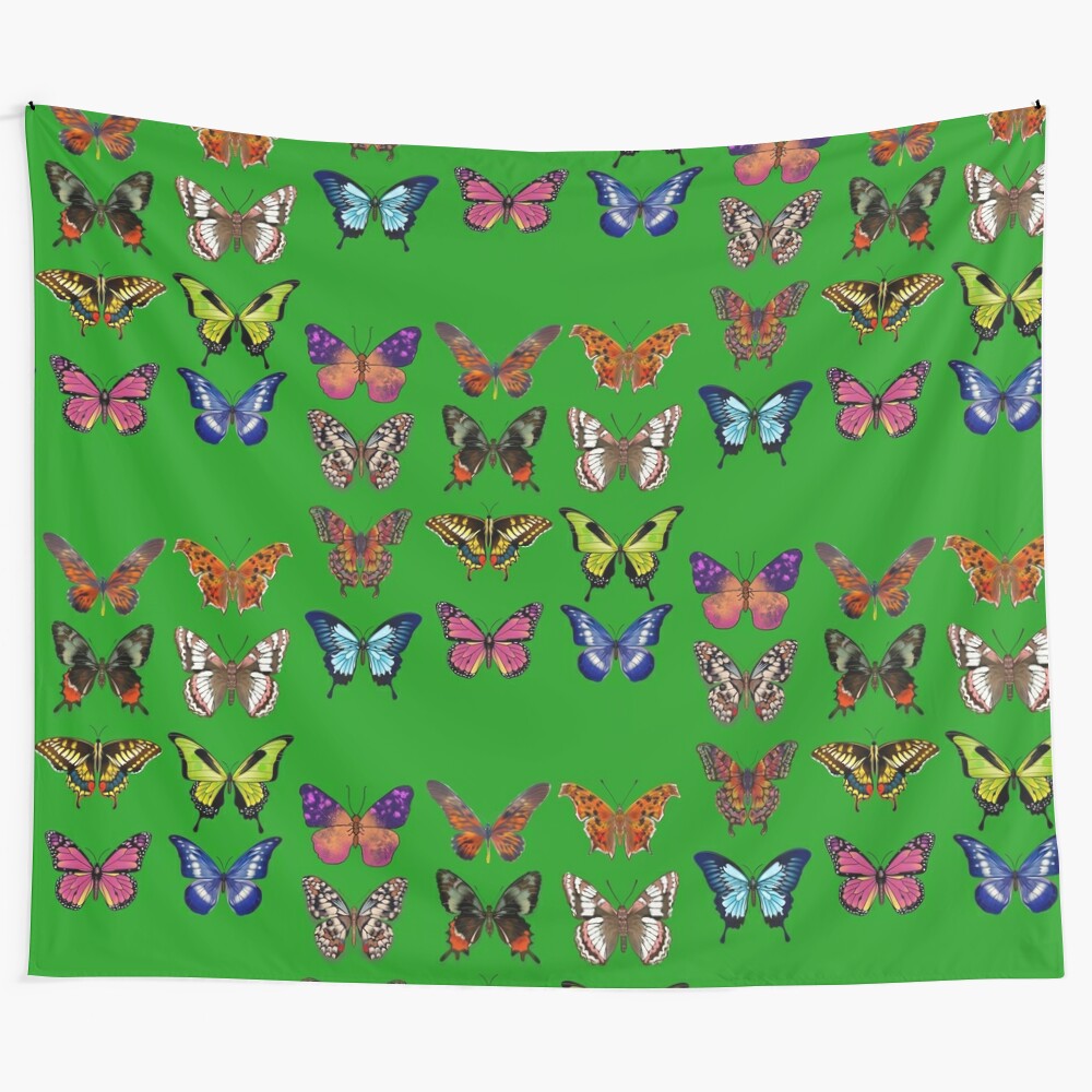 Colorful educational tapestry featuring various butterfly species