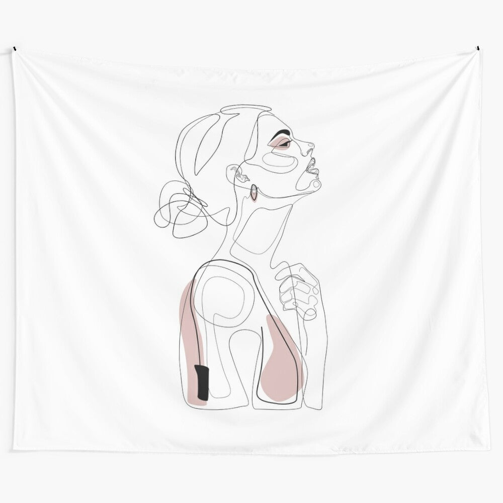 Blush pink tapestry featuring a minimalist sketch art portrait of a woman