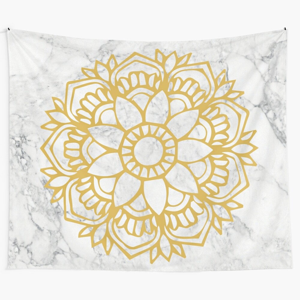 Marble and gold mandala tapestry with sunflower and floral design for home decor