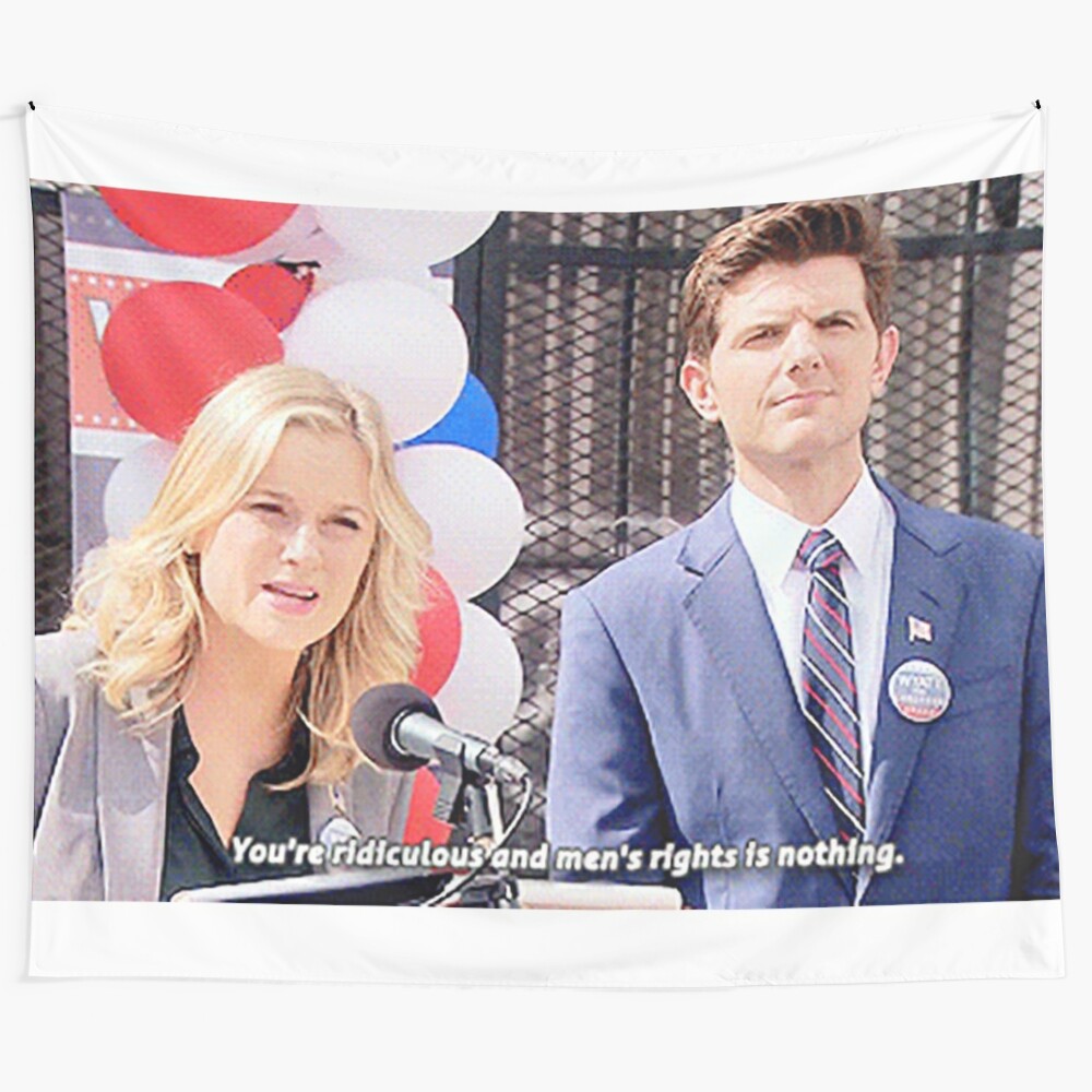 Parks and recreation themed tapestry featuring characters leslie knope and ben wyatt