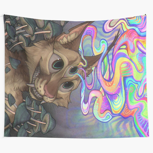 Colorful digital art tapestry featuring a cat-like creature with mushrooms