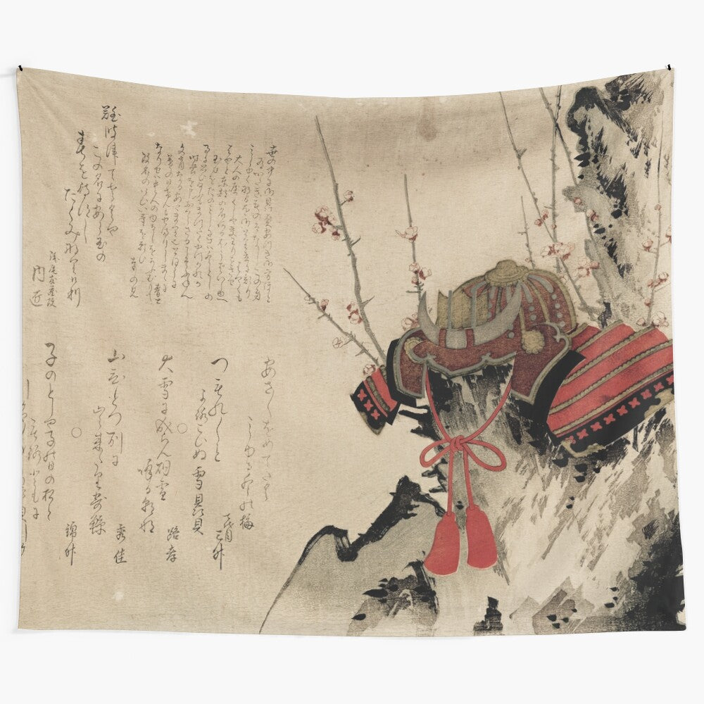 Detailed tapestry depicting a samurai warrior and ghostly spirits in a Japanese landscape with cherry blossoms