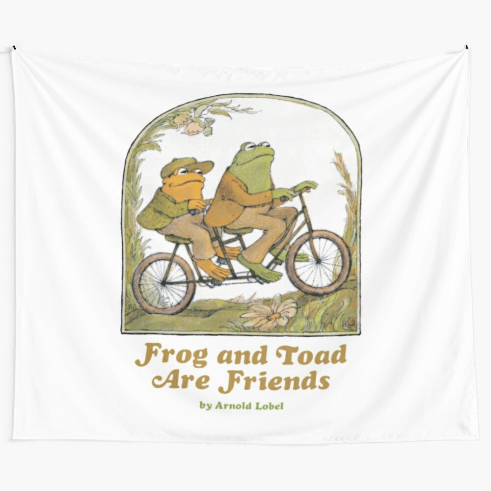 Frog and toad characters on a colorful tapestry design