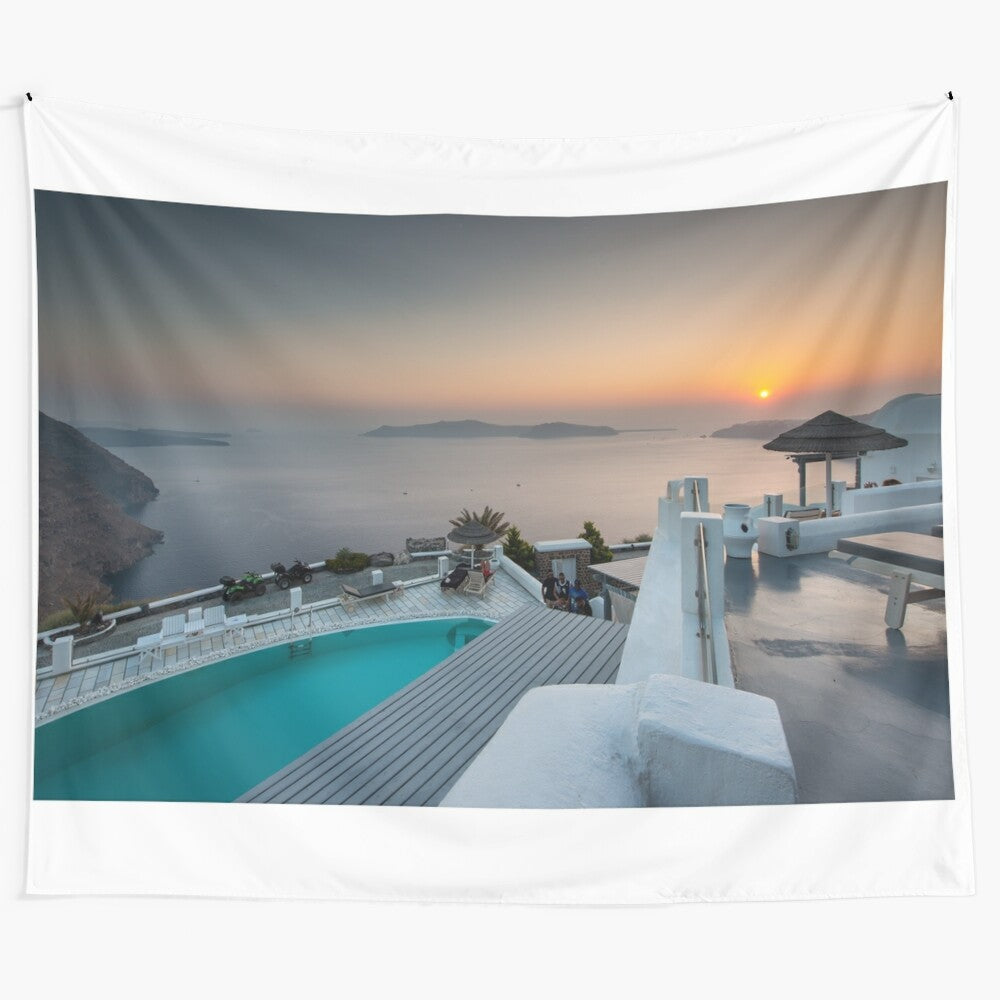 Santorini tapestry featuring a stunning sunset over the Aegean Sea