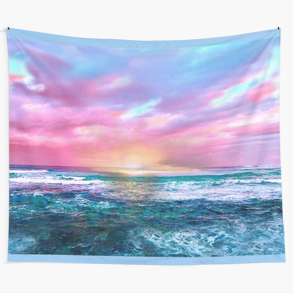 Colorful sunset sea tapestry depicting waves, water, and a vibrant sky