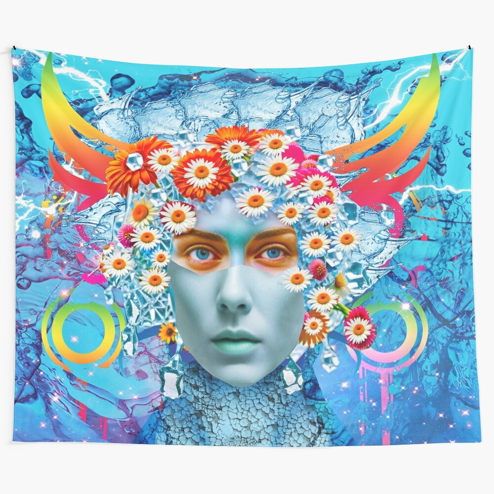 Colorful nature spirit tapestry with floral and psychedelic design