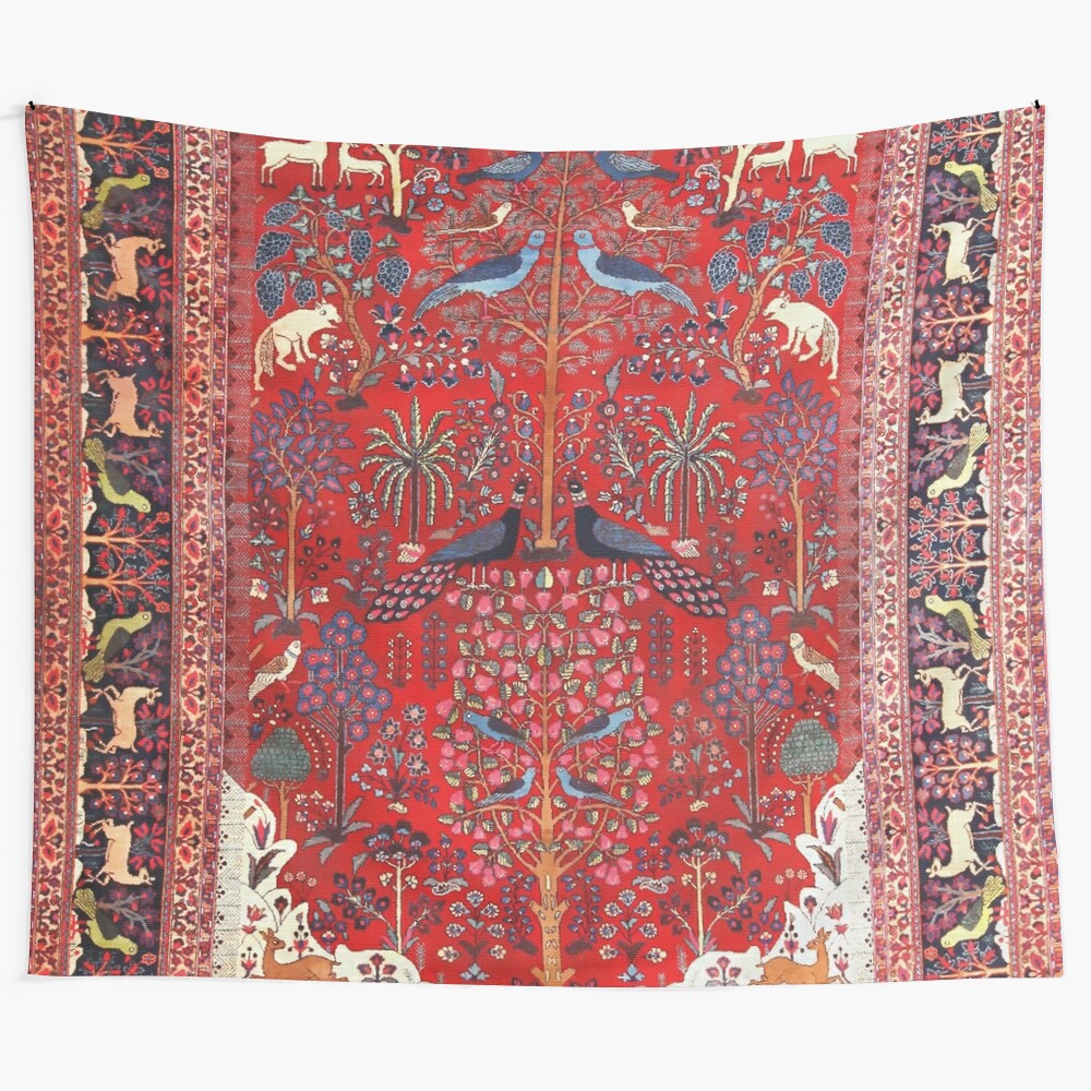 Ornate Persian-style tapestry wall hanging with a tree of life design and various animals in a garden setting