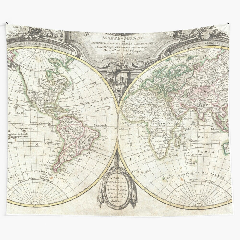 Vintage-style tapestry featuring an old world map from 1775