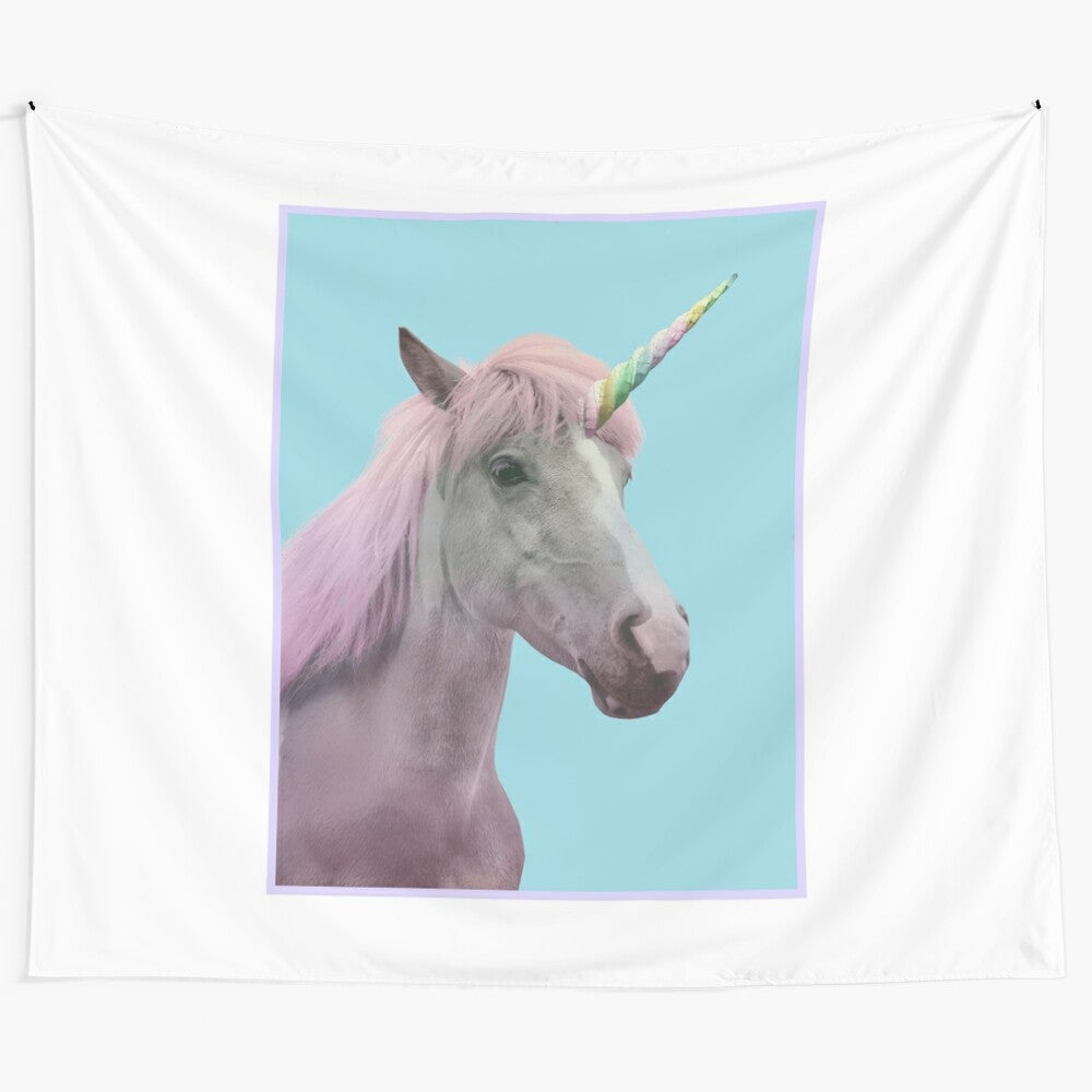 Colorful unicorn tapestry with rainbow and clouds